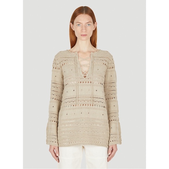 TheOpen Product Pointelle Crochet Knit Wide Sleeve Sweater in Beige Size 1 - Picture 6 of 14